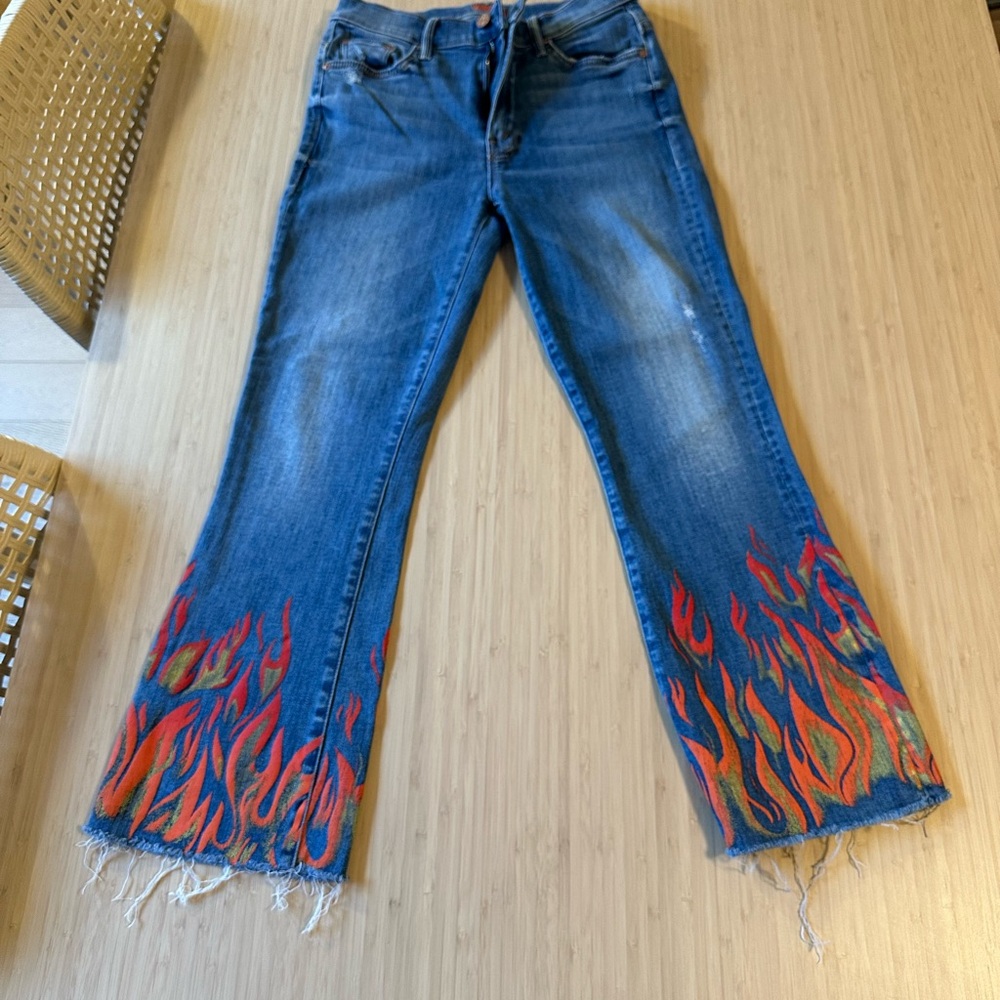 MOTHER Light Blue Flare Jeans with Red & Orange Flame Embroidery liar liar - Picture 2 of 6